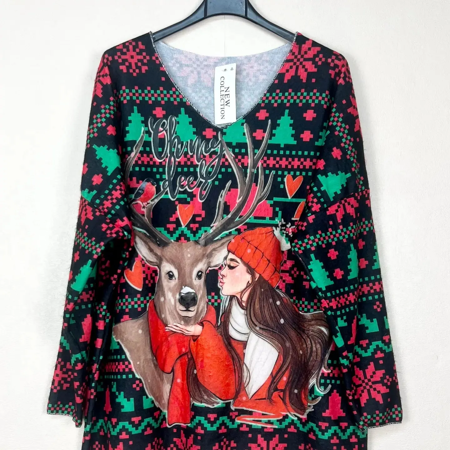 Christmas Patterned V-Neck Sweater, Long Sleeve