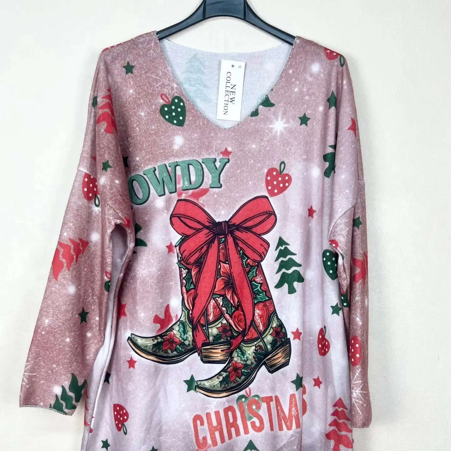 Christmas Patterned V-Neck Sweater, Long Sleeve