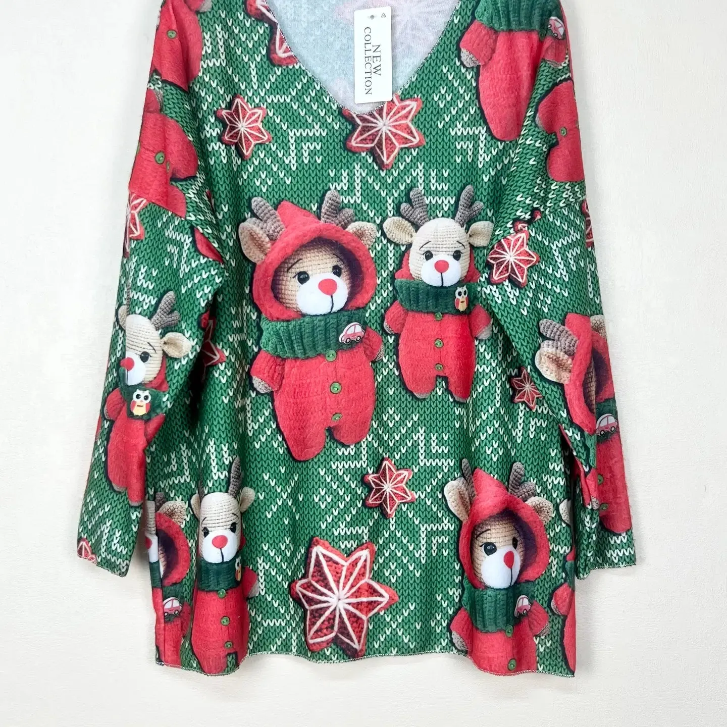 Christmas Patterned V-Neck Sweater, Long Sleeve