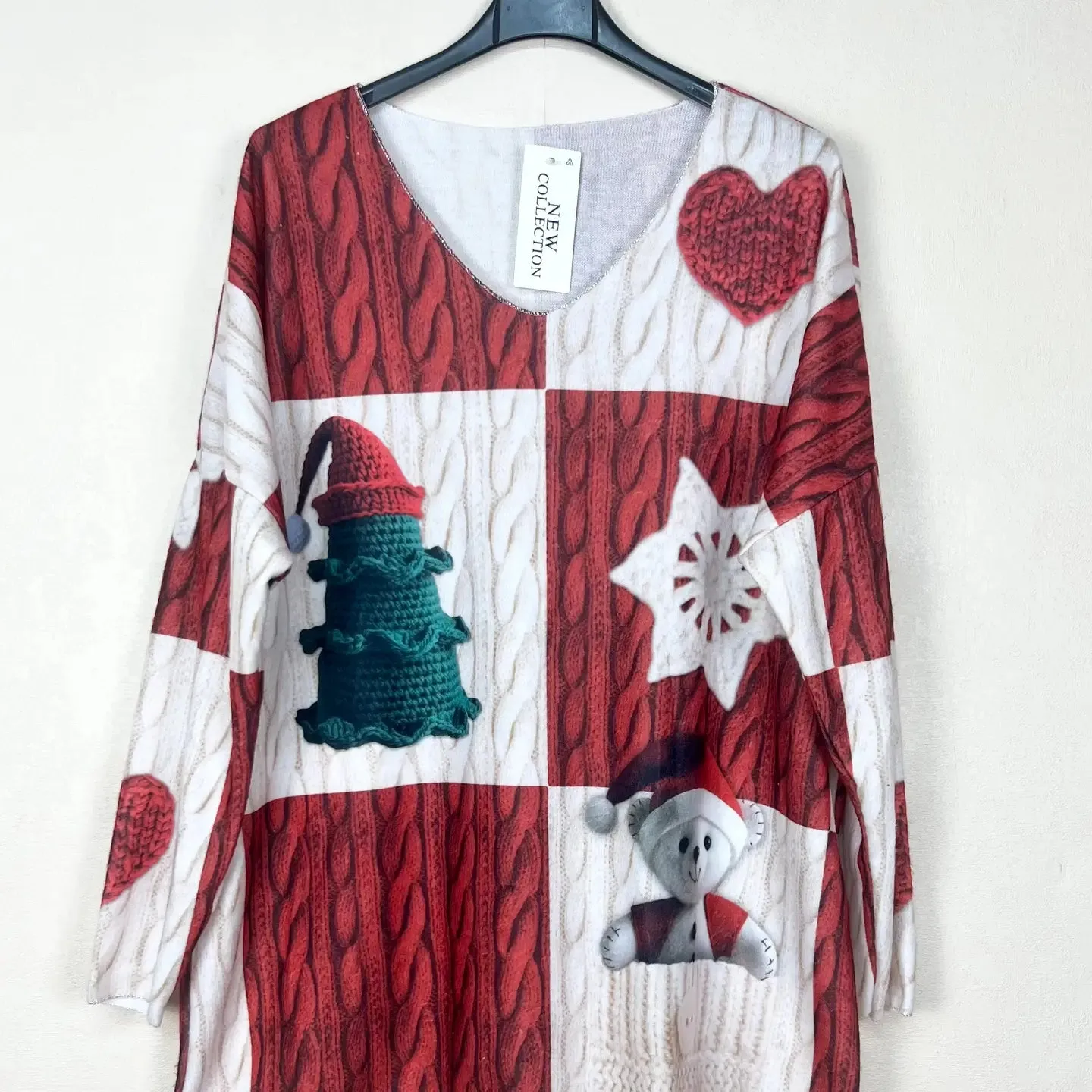 Christmas Patterned V-Neck Sweater, Long Sleeve