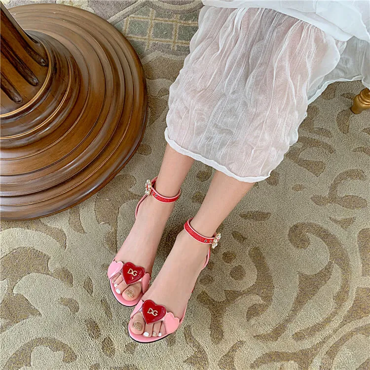 Cute Leather Pink Buckle Chunky Heel Sandals