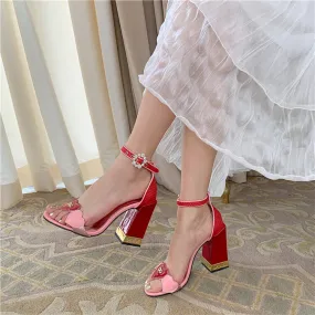 Cute Leather Pink Buckle Chunky Heel Sandals