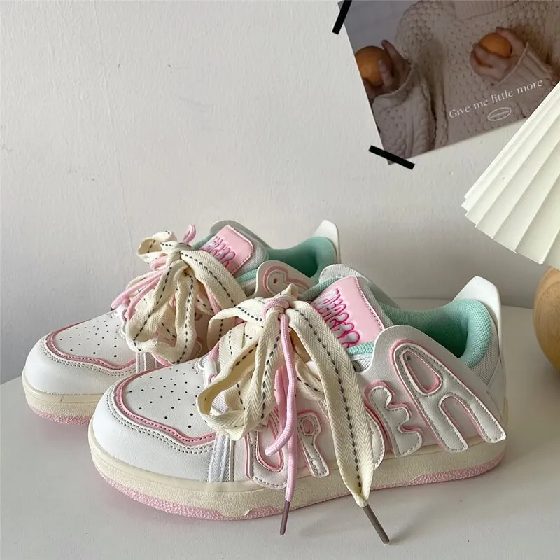 Mint Pink Streetstyle White Soft Girl Aesthetic Sneakers Shoes