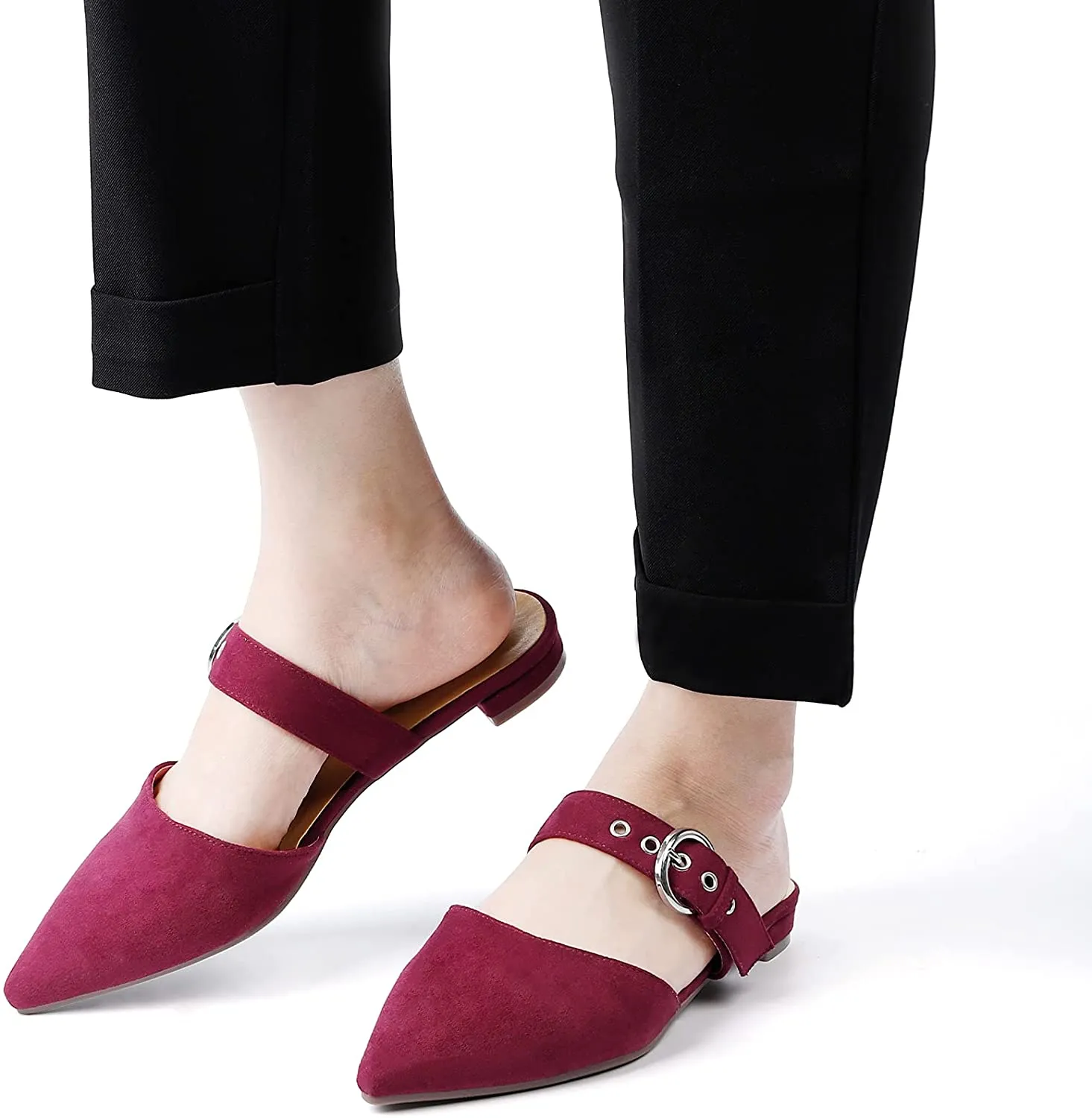 Pointed Toe Burgundy Classic Adjustable Strap Mule Sandals