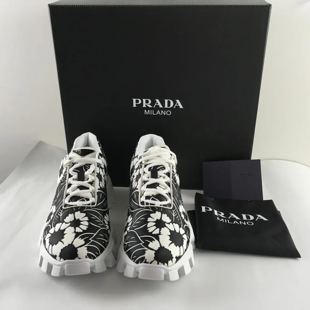 Prada Men's Cloudbust Sneakers Floral Patterned Black & White Color Size 9.5